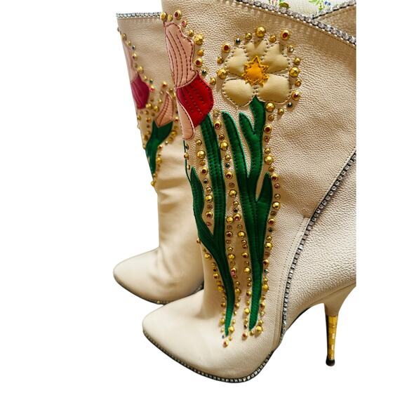 GUCCI Ivory Leather Floral ‘Fosca’ 2017 Pink Bottom Runway Booties Size 37 - Picture 4 of 16